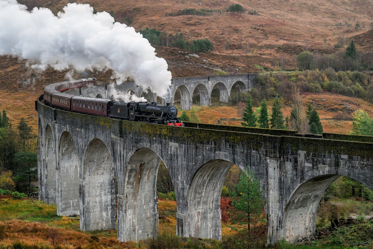 A train crossing the Glenfinnan Viaduct in the Scottish Highlands
